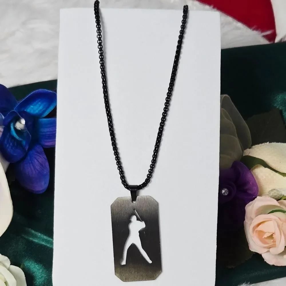 Matte Black Baseball Player Dog Tag Necklace Cutout Batter 24” Stainless Steel